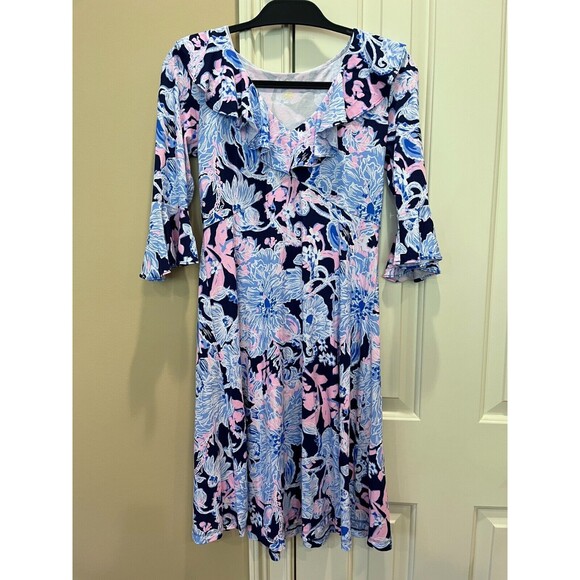 Lilly Pulitzer Stirling Dress BRIGHT NAVY Pink AMORE PLEASE Empire Midi size S - Picture 3 of 10